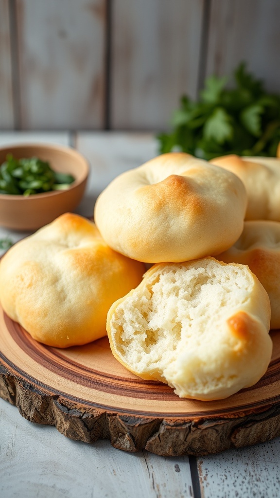 Fluffy cloud bread mounds on a wooden board, showcasing their airy texture.